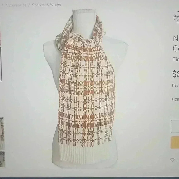 TIMBERLAND  BUFFALO PLAID KNIT SCARF TAN CREAM OS - Picture 4 of 4